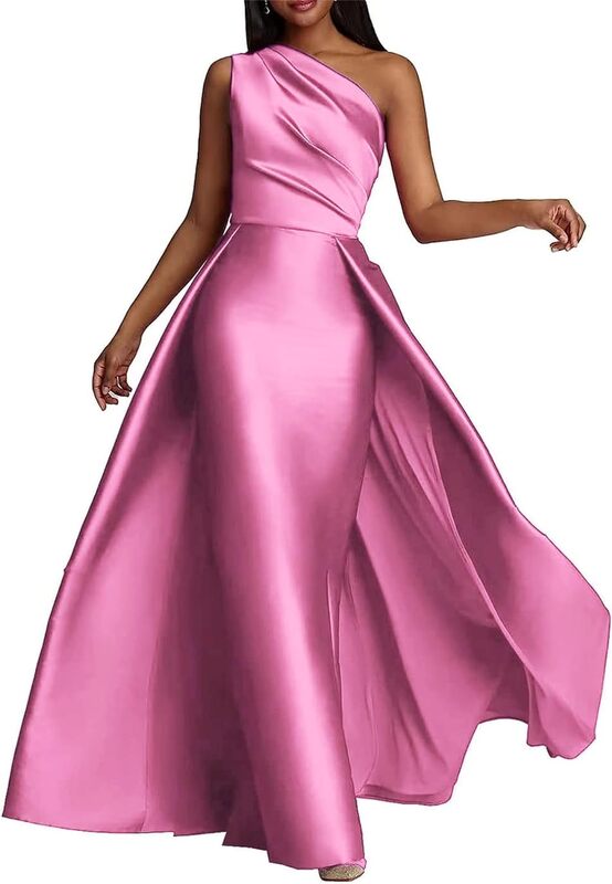 Vestido feminino de baile de cetim de um ombro, zíper longo vintage plissado, vestido de festa formal luxuoso