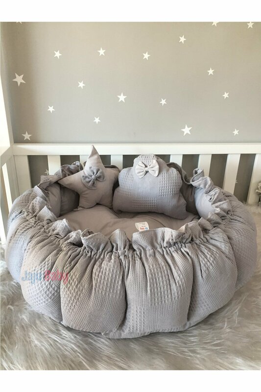 Handmade Gray Pique Fabric Combination Design Retractable - Collapsible Play Mat Baby Nest