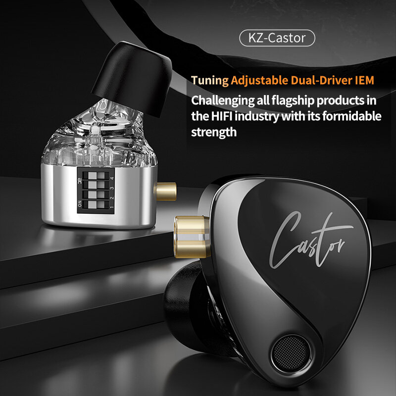KZ-Castor In Ear Hifi Earphone, Monitor Headphone, cancelamento Earbuds, 2 Dynamic High-End ajustável, equilibrada Armadura Earphones