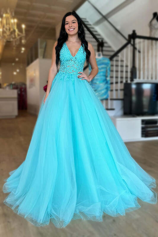 Teal Appliques Tulle Evening Gowns Double V-neck Multi-Tiered A-Line  Party Dress Lace Spaghetti Straps Backless Floor-Length
