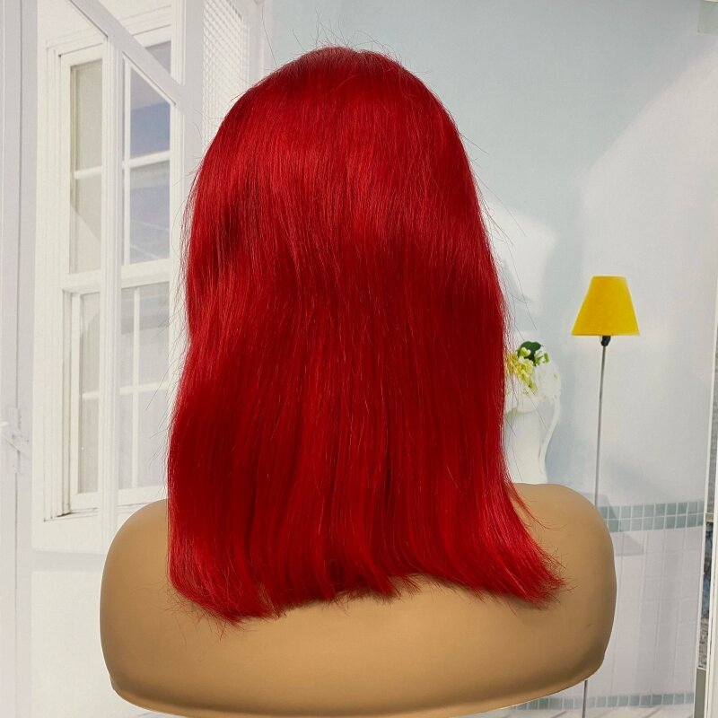 女性のための赤い滑らかなボブウィッグ,短い髪,事前に摘み取られた,13x4,密度180%