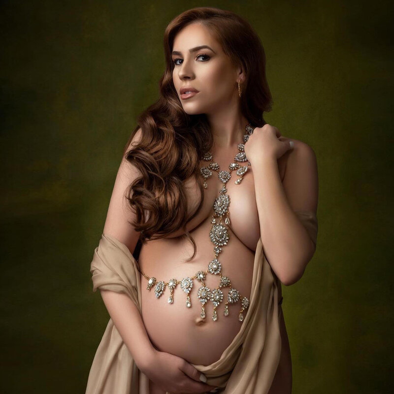 Fotografia ciążowa rekwizyty Sexy bogini kreatywna pozycja błyszczący kryształ górski łańcuszek pasek biżuteria sesja zdjęciowa akcesoria