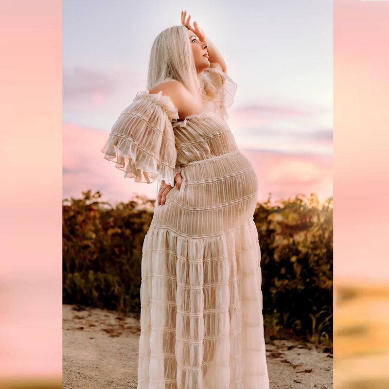 Gaun bersalin ukuran besar fotografi ibu hamil gaun hamil Boho renda seksi lengan daun teratai gaun alat peraga foto