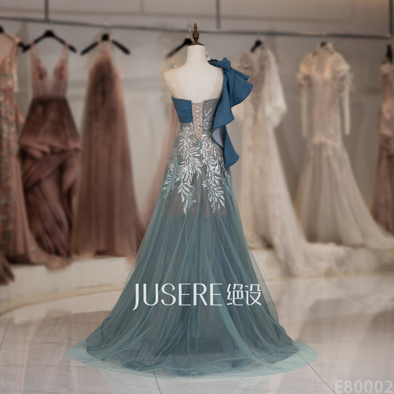 Vestido de noche azul lago con un hombro descubierto y lazo, vestido de fiesta de moda, nueva colección