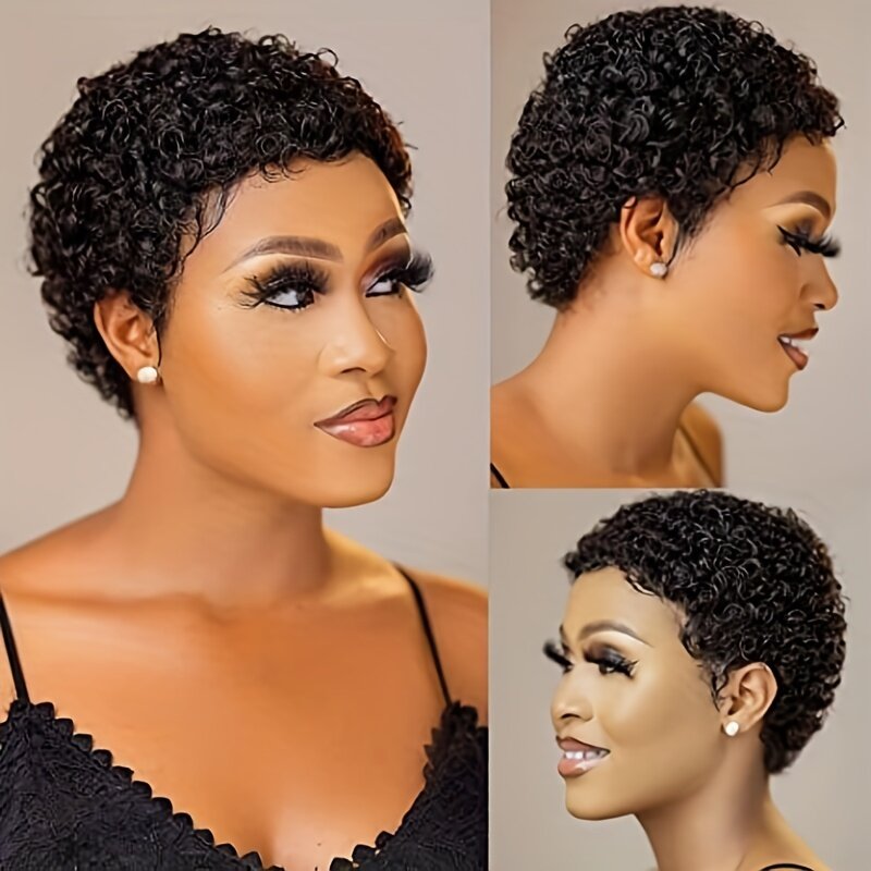 Pelucas cortas de cabello humano para mujer, pelo Afro rizado de 180% de densidad, hecho a máquina, Color negro Natural