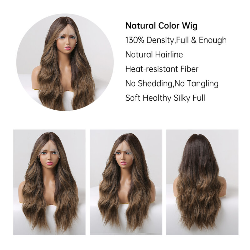 Wig Sintetis Renda Transparan Wig Depan Renda Ombre Gelombang Tubuh Emas Coklat Panjang untuk Wanita Hitam Cosplay 13X1 T-Bagian Wig Penutupan
