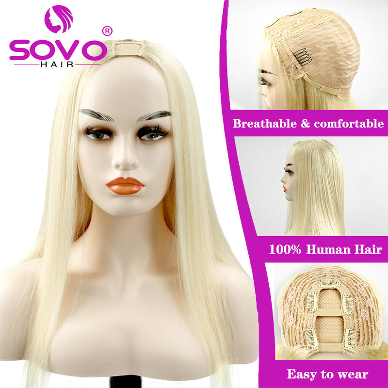 SOVO-Peluca de cabello humano sin pegamento para mujer, postizo de pelo Remy con apertura en forma de U, color rubio ceniza, 180 de densidad, hecho a máquina