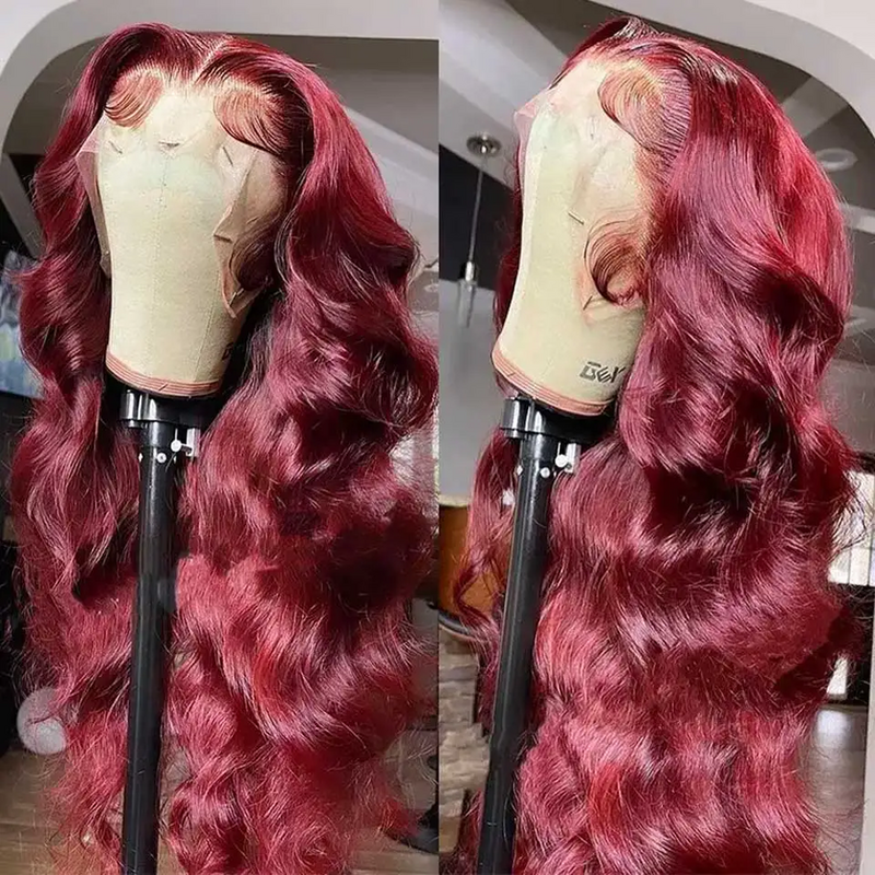 Bordowe 99J Body Wave 13x4 koronkowe przednie ludzkie włosy peruki przezroczyste 34 Cal peruki typu Lace Front brazylijskie czerwony kolor peruki dla kobiet