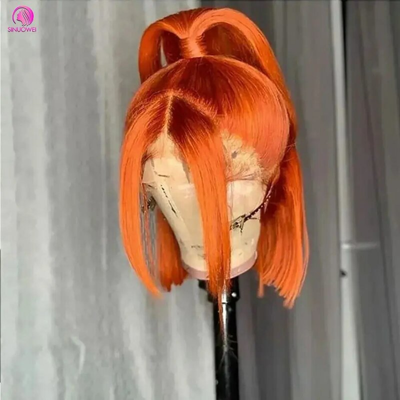 女性のためのさまざまな色の短いボブレースフロントウィッグ,透明なキャップ,インド人の髪の毛,オレンジ,180%, 13x4