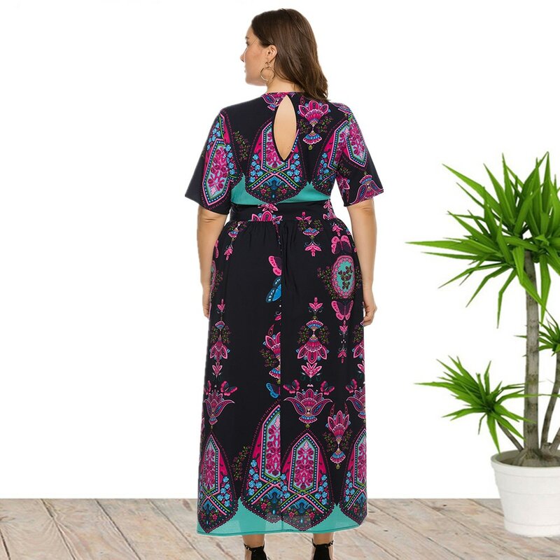 女性用フラワープリントドレス,Vネック,半袖,カジュアル,ラージサイズ,中国製,新しいコレクション2022