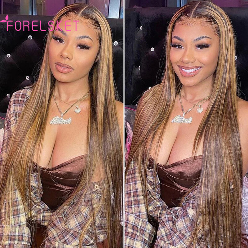 32 Inch Straight Highlight Lace Front Human Hair 13x4 Lace Frontal Wig Brazilian Remy 180% Honey Blonde Colored Wigs For Women