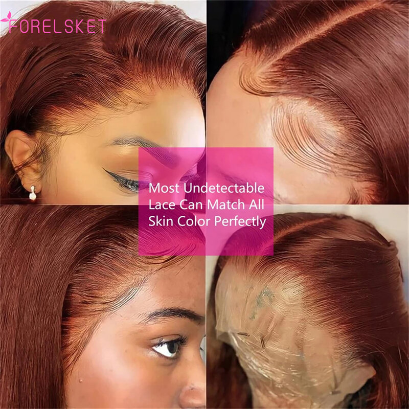 13x4 HD Transparent Lace Front Wig Preplukced With Baby Hair 33#Human Hair Wig Reddish Brown Bone Straight Human Hair Wigs