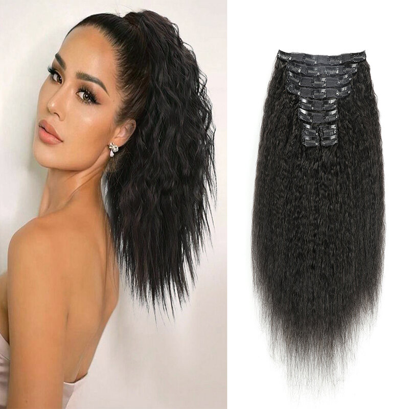 女性のための自然な黒のヘアエクステンション,滑らかなストレートクリップの人間の髪の毛,美容,10個,120g