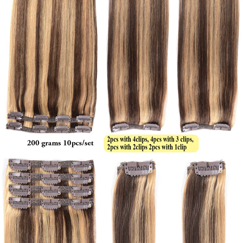 Extension de cheveux brésiliens à clipser pour femmes, P4/27, cheveux humains à clipser, point culminant, brun piano, blond, tête complète