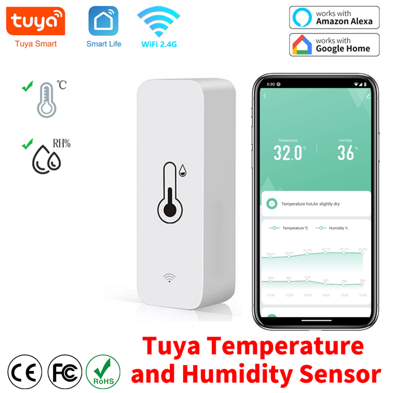 Tuya-温度および湿度センサー,wifi,アプリ,リモートモニター,スマートホーム,smartlife,alexa,Googleアシスタントで動作