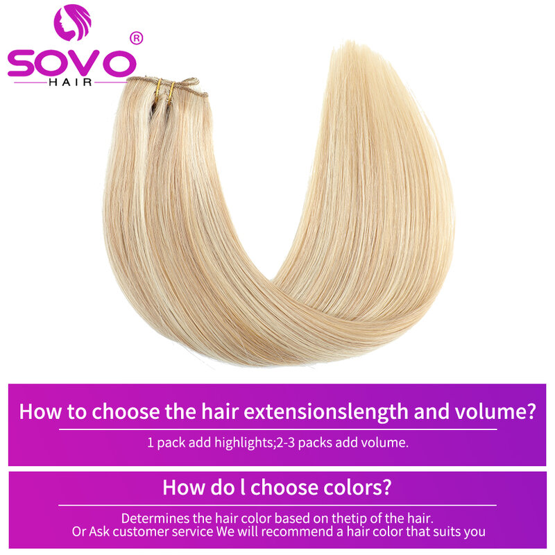 SOVO Clip In Hair Extensions Human Hair 3 Pieces Bone Straight Clip Ins Hair Extension 60-90G Real Natural European Hair 12-26"