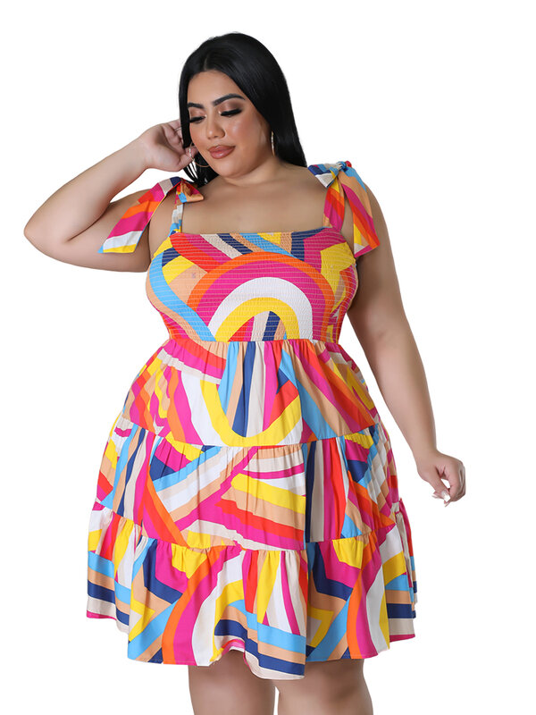 Mini robe élastique pour femmes, grande taille, imprimé, élégant, printemps, été, col sans manches, vente en gros, livraison directe