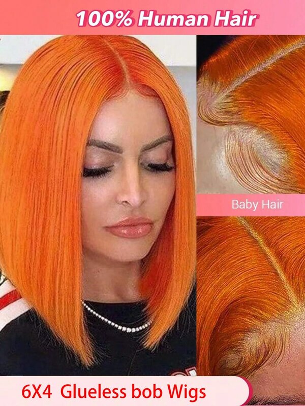 FORELSKET Wig Bob jahe oranye 350 UNTUK WANITA tanpa lem, sebelum dipetik, rambut manusia, penutup 6x4, potongan pendek lurus
