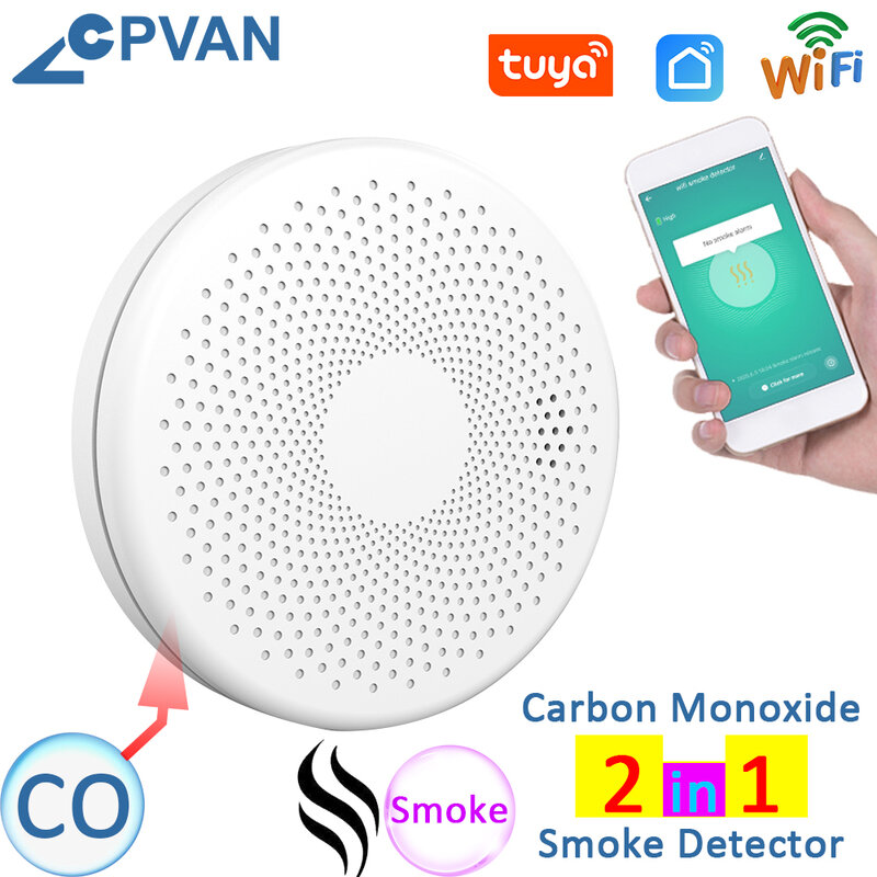 CPVAN Tuya WIFI เครื่องตรวจจับควันคาร์บอนมอนอกไซด์เซ็นเซอร์2 In 1 Smart Life ไร้สาย CO สัญญาณเตือนภัยสำหรับความปลอดภัยในบ้านป้องกัน