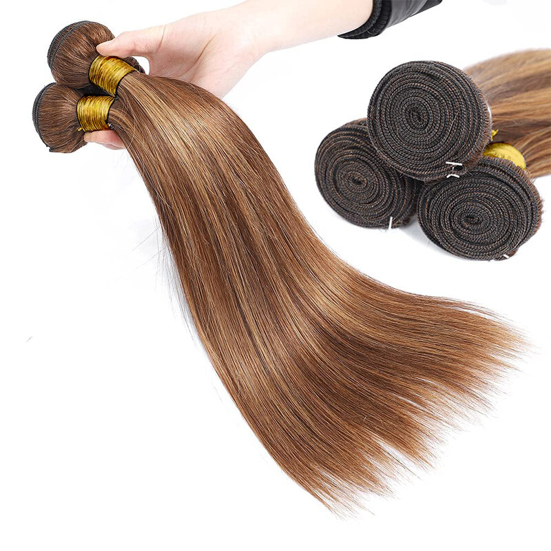 Mechones de pelo liso brasileño, extensiones de cabello Remy virgen con cierre HD de 13x4, P4-27 de resaltado, 3 uds.