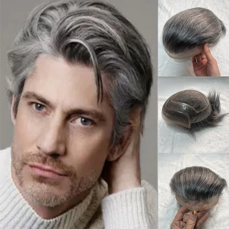 Tupecik z ludzkich włosów dla mężczyzn Holloywood koronki 8*10 proste włosy męskie peruki 1 b50 kolor włosów zamiennik dla mężczyzn System włosów ludzkich