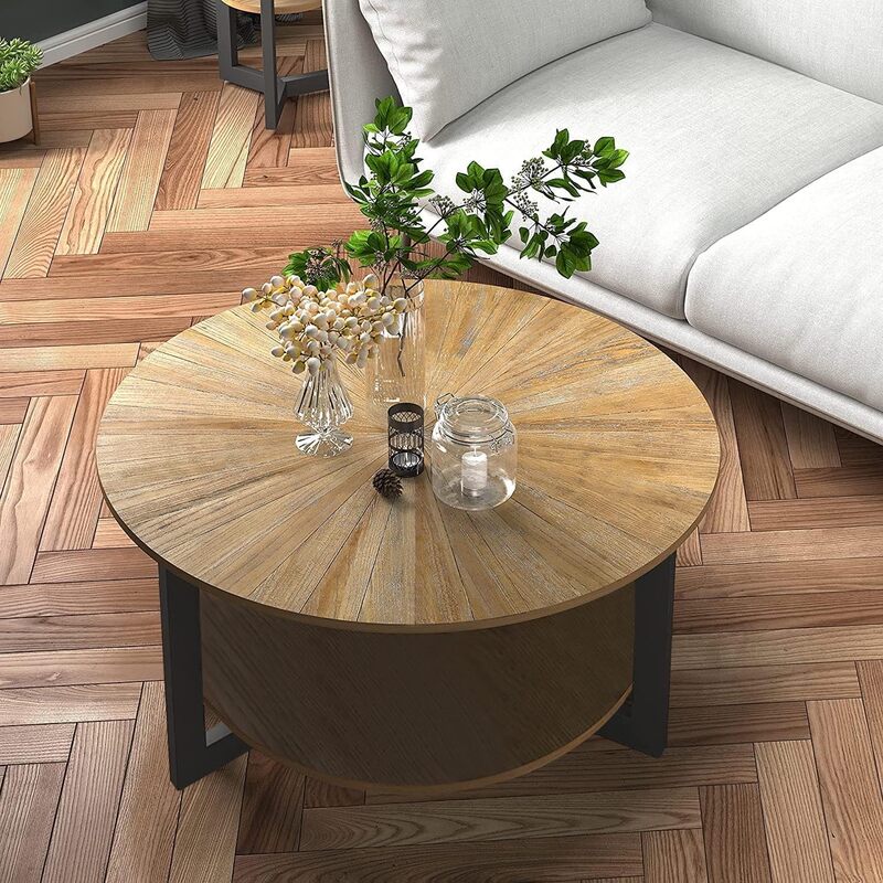Leemtorig-drewno okrągłe do salonu, okrągły stolik kawowy, stolik kawowy w wiejskim domu z solidnym rębak bębnowy z miejscem do przechowywania