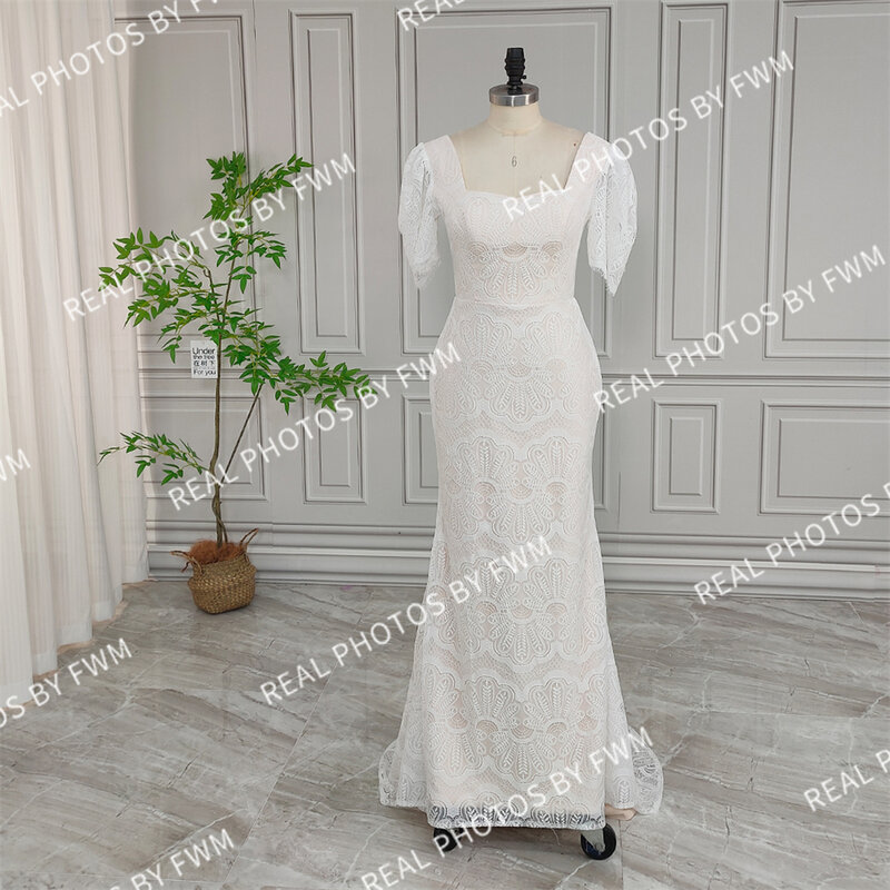 12359 # реальные фотографии богемный квадратный воротник кружевное свадебное платье для женщин пляжное свадебное платье со шлейфом с низкой спинкой на заказ