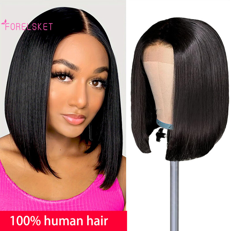 FORELSKET 180% gęstość 4x4 peruka z ludzkich włosów Bob Cut peruka krótka peruka z prostymi włosami 4x4 koronkowa peruka z ludzkich włosów dla kobiet
