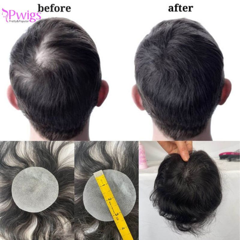 Pwigs Thin Skin PU European Hair Patches Toupee For Men 8cm X 8cm Hair Piece Glue On Hair Replacement System For Bald Spot