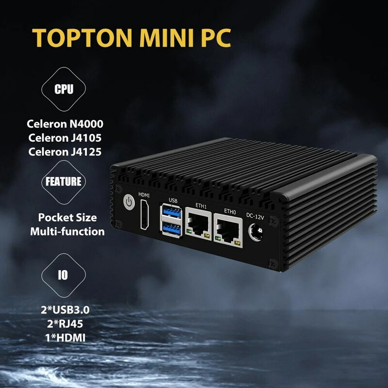 Computador de bolso Firewall PfSense, PC Fanless Industrial, HDMI, AES-NI, OPNsense, Super Barato, J4125, J4105, 2x Intel i226, LAN 2.5G