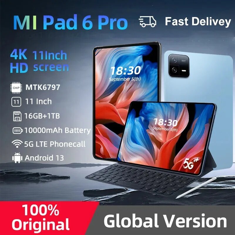 Pad 6 Pro Android 13 Tablet, 16GB 1T, 10000mAh, 5G, Dual SIM, Chamada Telefônica, GPS, Bluetooth, WiFi, WPS, Original, Novo, 2021, 11"