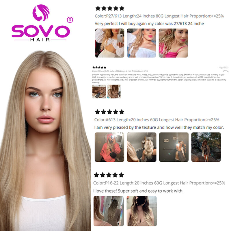 SOVO-extensiones de cabello con Clip, cabello humano liso de hueso, 60G, Natural, Europeo, 14-20 pulgadas, 3 piezas