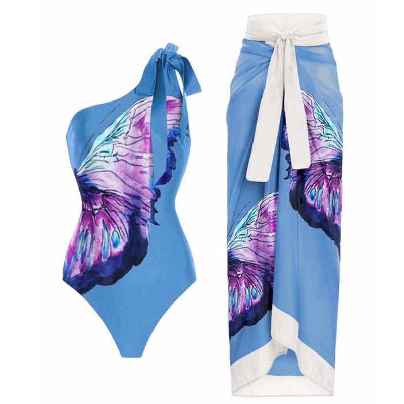 Vintage feminino um pedaço maiô borboleta impressão assimétrico azul cobrir feminino retro férias vestido de praia verão surf wear