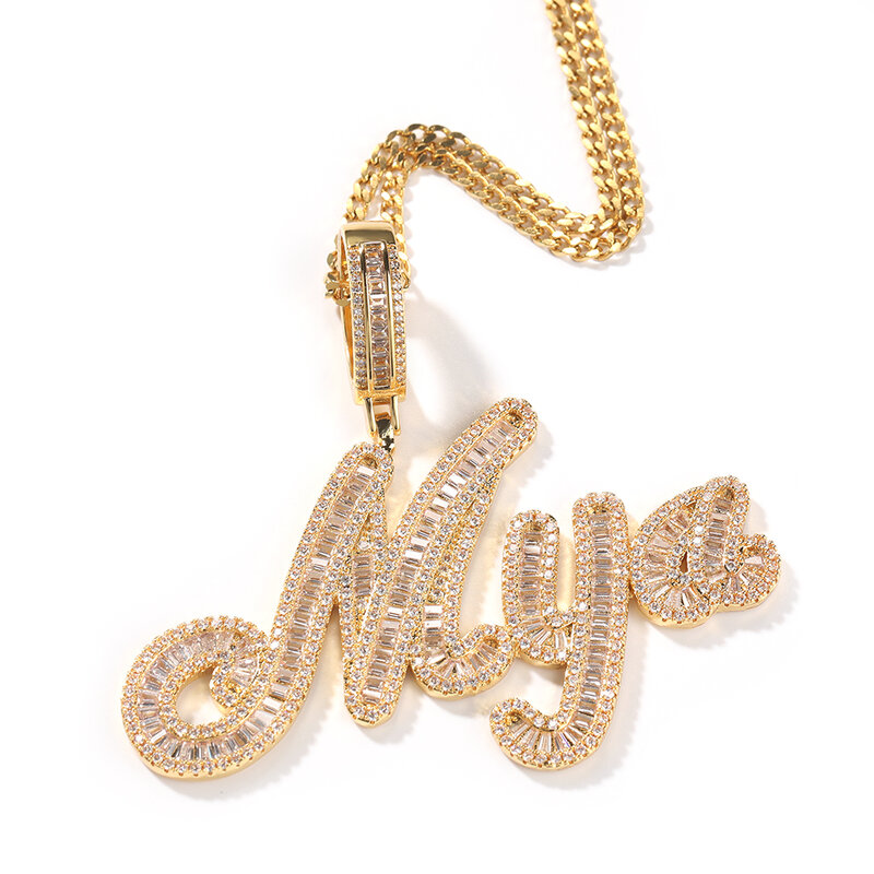 THE BLING KING Custom Brush Cursive Letter Name Pendant Necklace Iced Out Bageutte Cubic Zirconia Chain Necklace Hiphop Jewelry