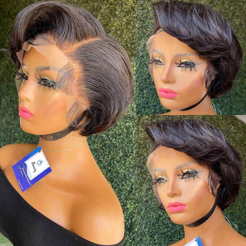 Peluca de cabello humano brasileño con corte Pixie, pelo liso transparente con encaje en T, corte Bob corto, 13x4, para salón de belleza