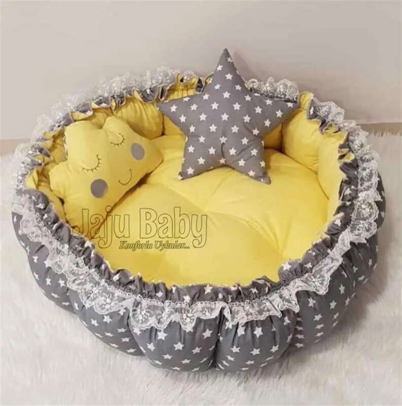 Alfombra de Juego plegable hecha a mano, nido de bebé, gris y amarillo
