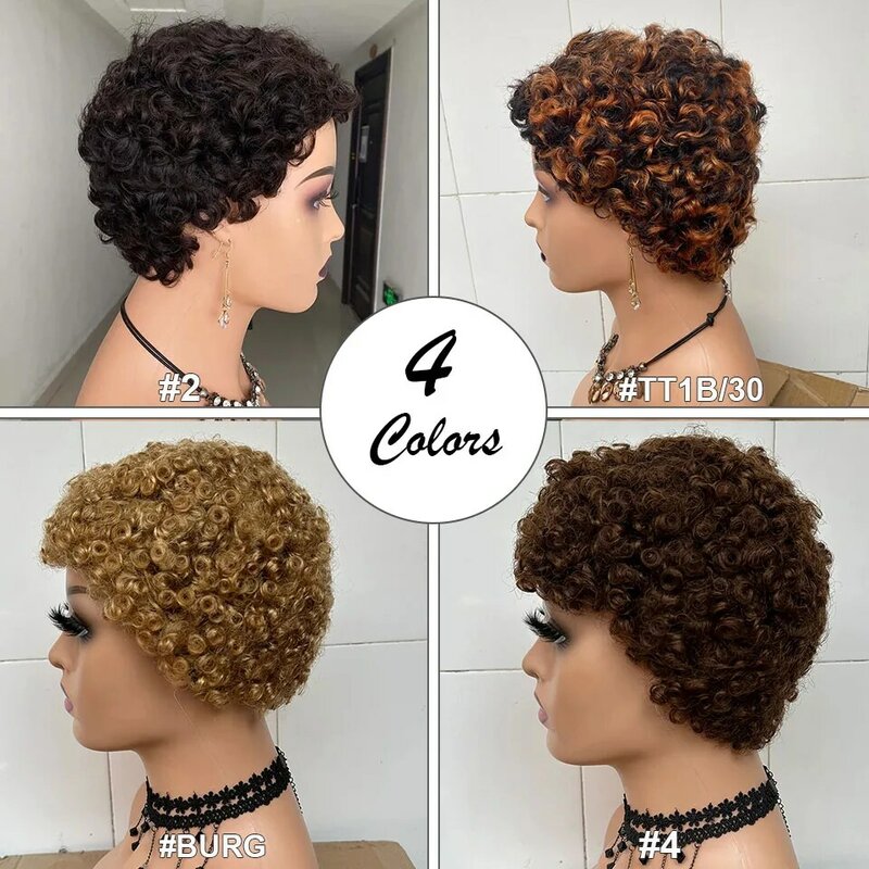 Peruca Curta Afro Curly para Mulheres Negras, Remy Brasileiro, 100% Cabelo Humano, Máquina Completa Feita, Barato, Cor Preta