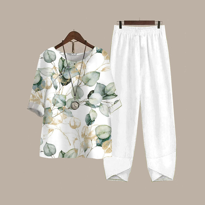 Harajuku Vintage Pattern Print 2pcs Outfits Women Elegant O Neck Top Pullover & Straight Pants Suit 2022 Spring Summer Beach Set