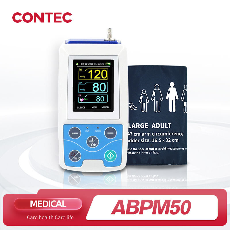 Monitor de Pressão Arterial Ambulatório de Braço para Adultos e Crianças, 24 Horas, NIBP Holter, CONTEC ABPM50 +, Grande, 3 Punhos, Software PC Livre