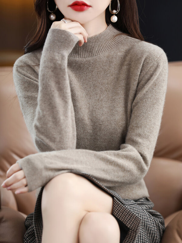 Suéter de manga comprida com decote simulado feminino 100% lã merino, pulôveres macios e quentes, tops básicos de malha, roupas femininas, outono, inverno