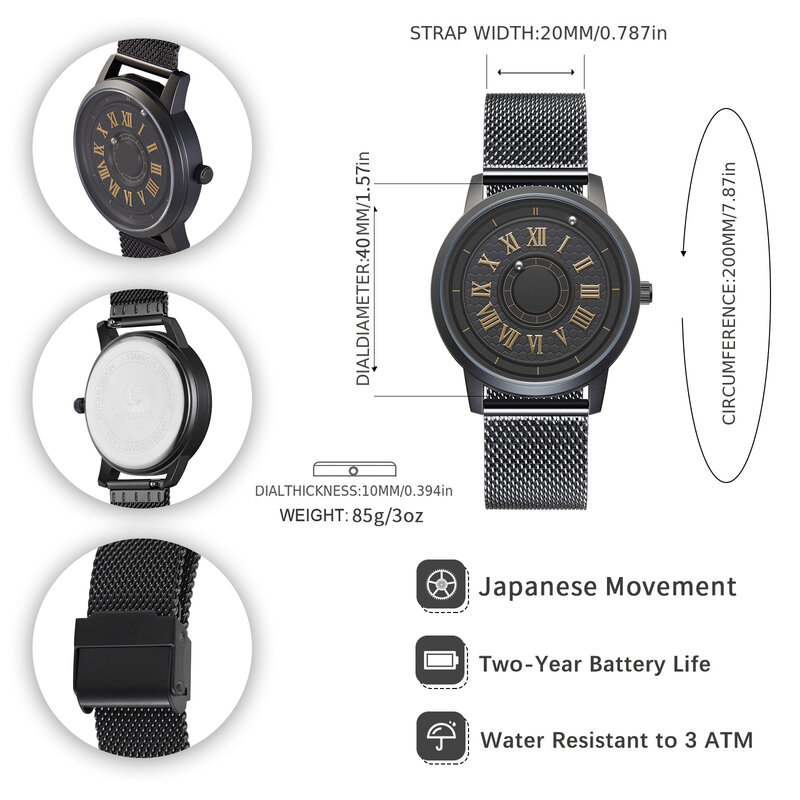Eutour Mannen Magnetische Horloge, Analoge Japanse Quartz Horloge Dames Horloge Originele Band 40Mm Roestvrij Stalen Band