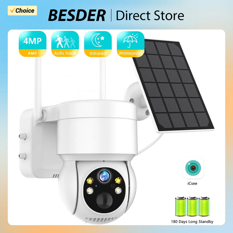 BESDER WiFi PTZ Camera Outdoor Wireless Solar IPCamera 4MP HD batteria integrata telecamera di videosorveglianza Standby a lungo termine iCsee