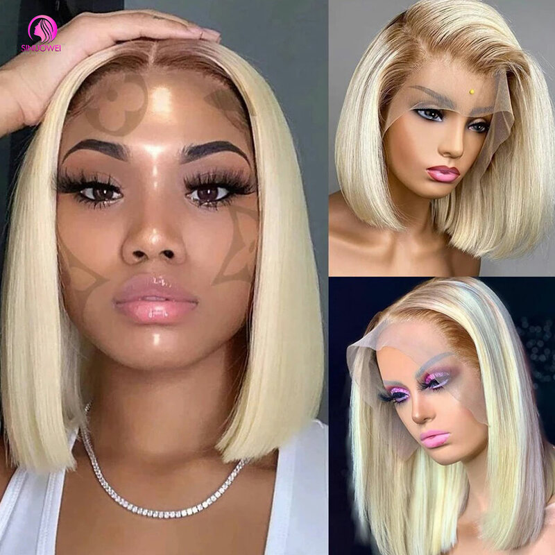 4/613 Blonde Short Bob Wig Transparent Lace Front Human Hair Wigs 13X4 Honey Blonde Dark Root Colored Short Bob Lace Frontal Wig