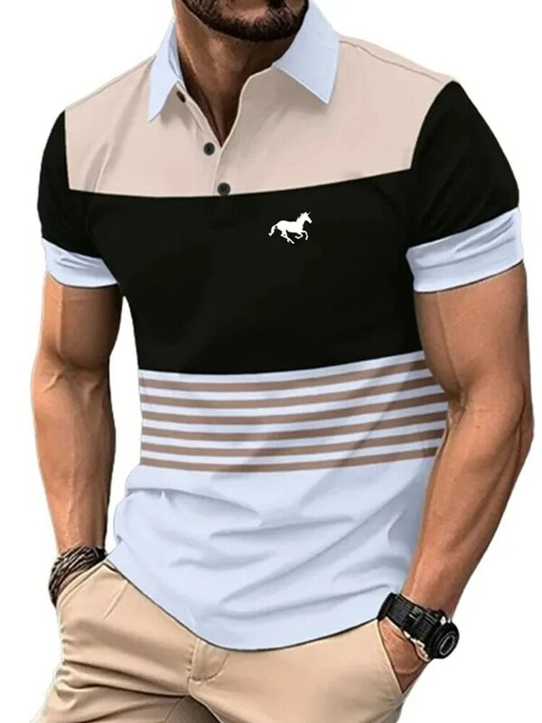 Summer Men's fashion short -sleeved striped Polo shirt casual lapel button Polos men clothing
