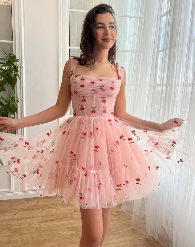 Cherry Cupcake Mini Dress Tulle Quinceanera Dresses Summer French Sweet Fairy Dress Women Elegant Prom Homecoming Dresses 2024