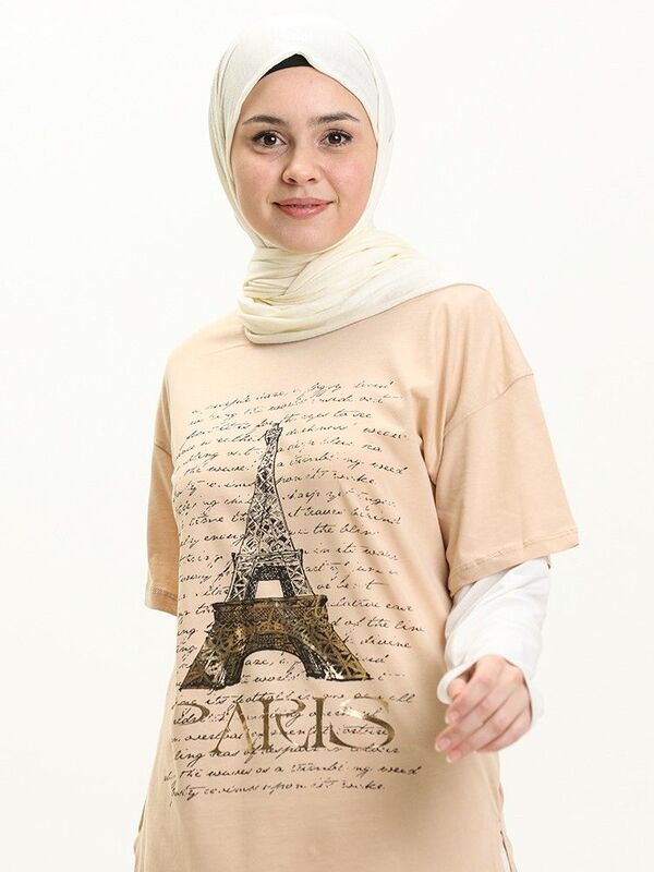 باريس مطبوعة التي شيرت عادي كم طويل القطن البلوز صفر طوق الصيف النساء المسلمات بلوزة موسمية Sweatproof
