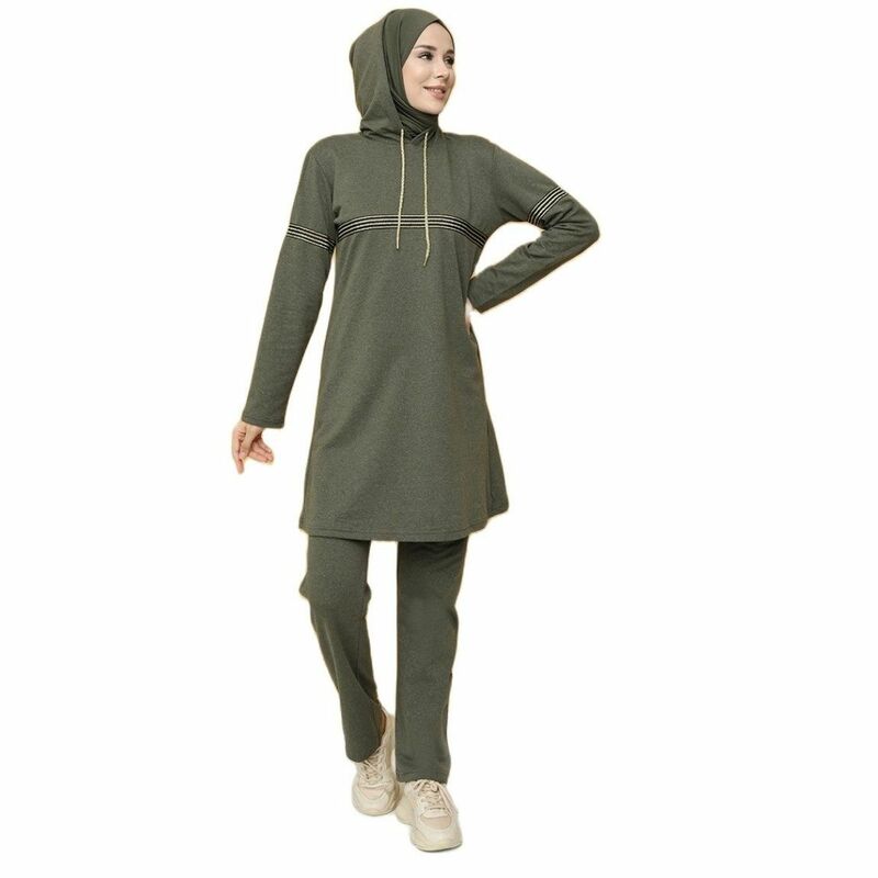 Vrouwen Trainingspak Set Hooded Touw Detail Ongevoerd Lange Mouw Seizoensgebonden Zomer Vrouwen Hijab Kleding Moslim Fashion Stijlvolle