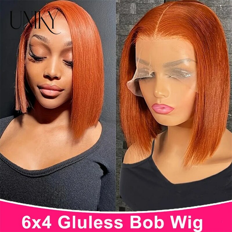 Wear Go Glueless Wigs plucked Ginger Orange Straight Short Bob Prebleached Ready To Wear Wigs For Women Pre Cut Lace Wear Go Wig