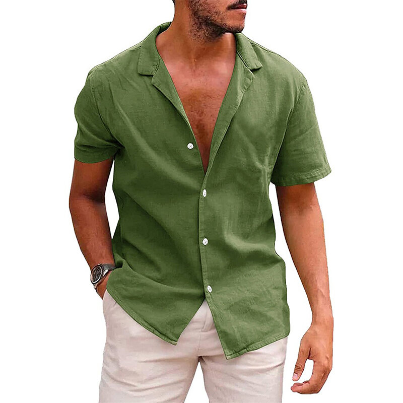 Camisa de linho de algodão manga curta masculina, gola lapela, tops de peito único, roupas masculinas de rua alta, moda casual, verão