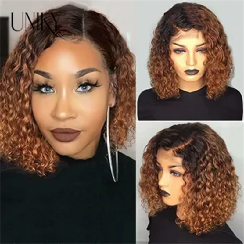 Peruvian Highlight Curly Bob Wig Deep Wave Frontal Wigs Curly Human Hair Wig 13x4 Ombre Colored Lace Front Wigs For Black Women